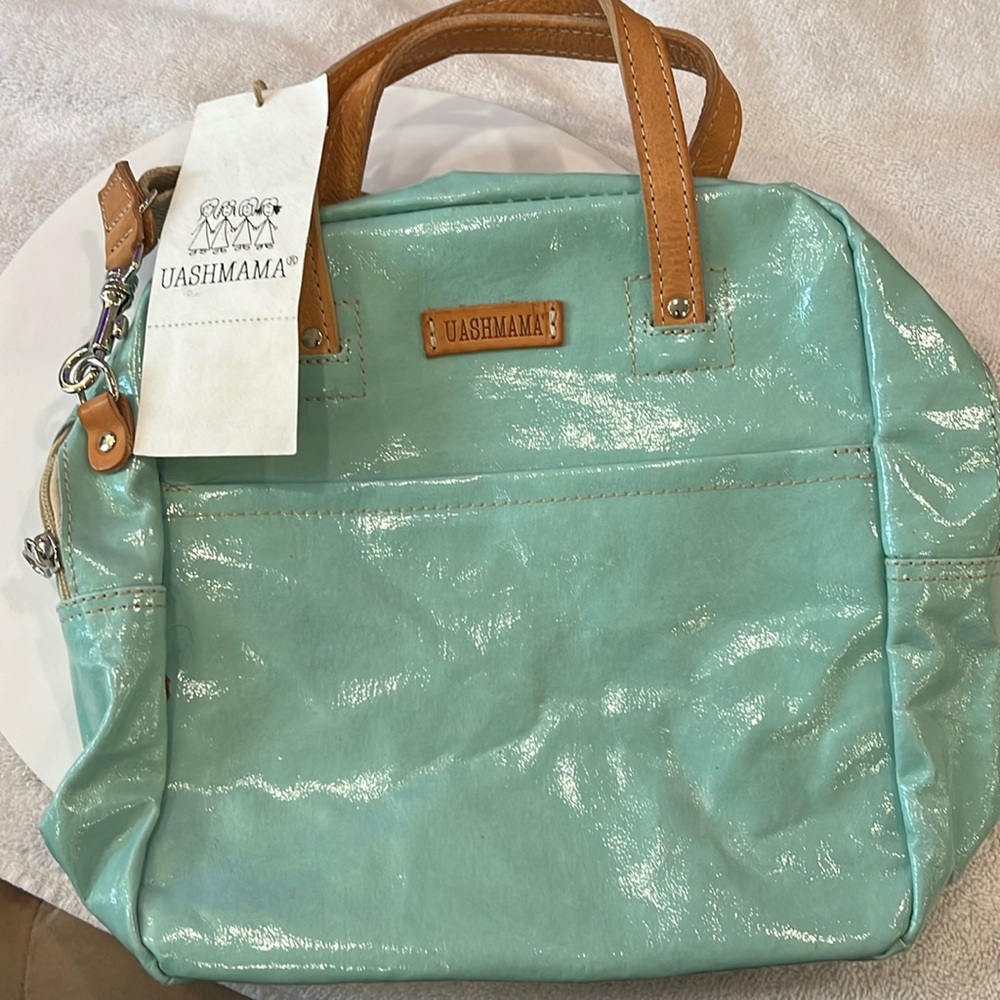 Structured Blue and Green Tote with Metallic Finish